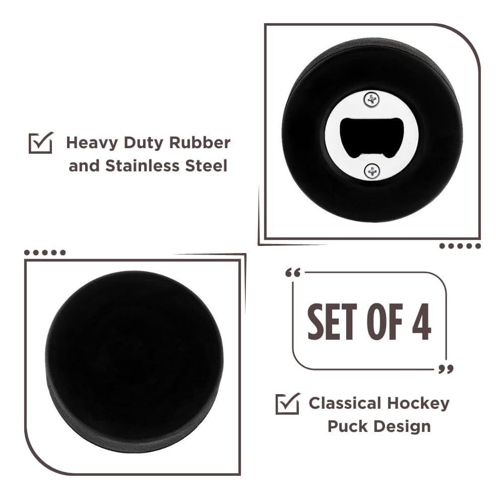 Buzz & Pop Hockey Puck Bottle Opener for Beer, Pop, and Soda Glass Bottles, Cool Sports Fan Novelty Gift for Coach, Player, or Dad, Heavy Duty Rubber and Stainless Steel, 4 Pc. Set, Official, Black