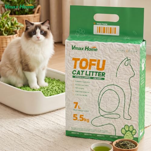 Cat Litter Tofu 7L 2.5kg Plant Based Fast Clumping Cat Litter Low Dust 2mm Fine Pellets Odor Control Flushable Cat Sand for Indoor Cats (Green Tea Flavor)
