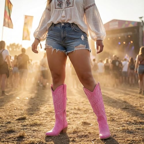 Image of Uillnoodu Wide Calf Cowboy Boots Women Adjustable Lace Up Knee High Tall Plus Size Cowgirl Boots Western Style Comfortable 2-Inch Heel