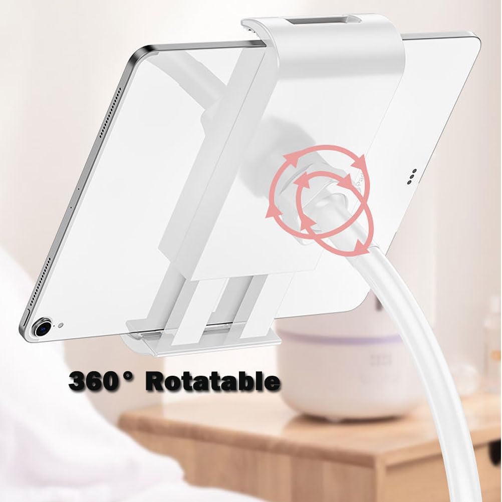 Extra Long Gooseneck Phone Holder for Bed Living Room, Flexible Gooseneck Long Arm Desktop Stand for Cell Phone Tablets, Overhead Cell Phone Clamp Mount Up to 7" Device (White,135CM)