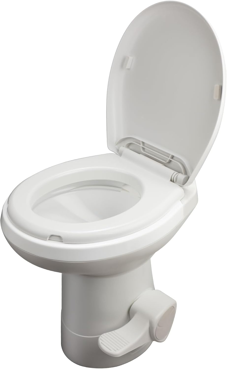 Gravity Flush RV Toilet, White, ABS Plastic with Foot Pedal Flush Mechanism, Standard Height, RV-Specific Model