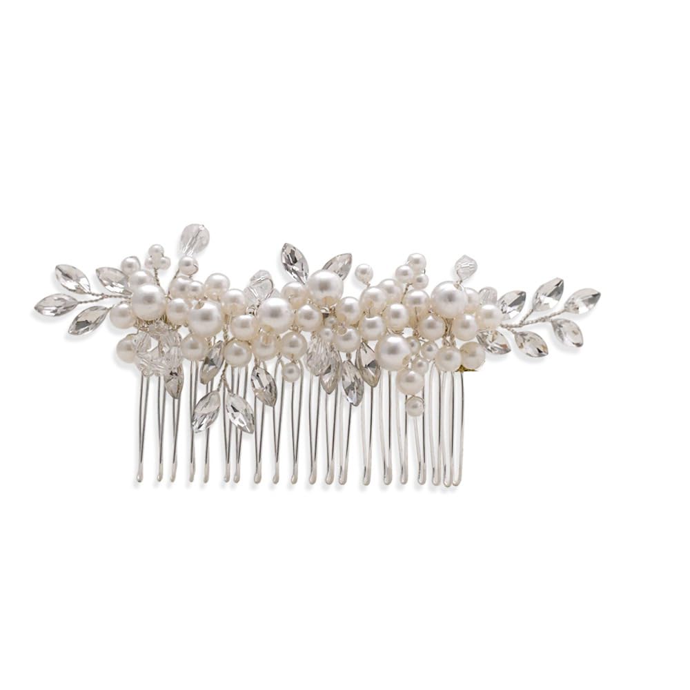Pettine per capelli da donna con perle argentate e cristalli, accessorio per capelli con strass per spose e damigelle d'onore