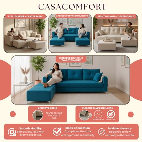Image of Zora 5 Seater L Shape Sofa Set with 2 Movable Ottomans | Flexible Layout | Rich Velvet Suede Fabric | Silver Legs | Spacious Seating | Modern Sofa for Living Room (Aqua Blue)