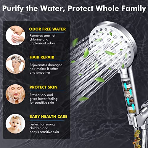 Filtered Shower Head With Handheld, Feelso High Pressure 7 Spray Mode Showerhead Built-In Power Wash With Hose, Bracket And 15 Stage Hard Water Shower Filter For Remove Chlorine And Harmful Substances #TOP4