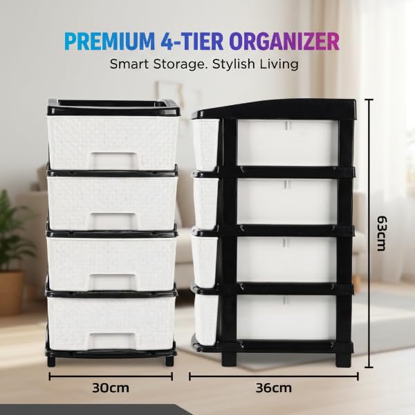 Image of KITCHIVO Plastic Modular Drawer Storage Chest Of Drawers Organizer Storage Box, Large Stomo Racks For Multipurpose Anti-slip Shoes Organizers (White & Black, 4 Layer)