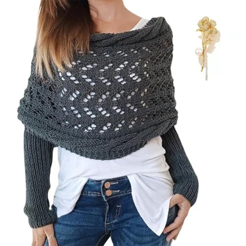 Scarf with Sleeves for Women, Knitted Cable Wrap, Multifunctional Knitted Crochet Cocoon Shrug with Sleeves