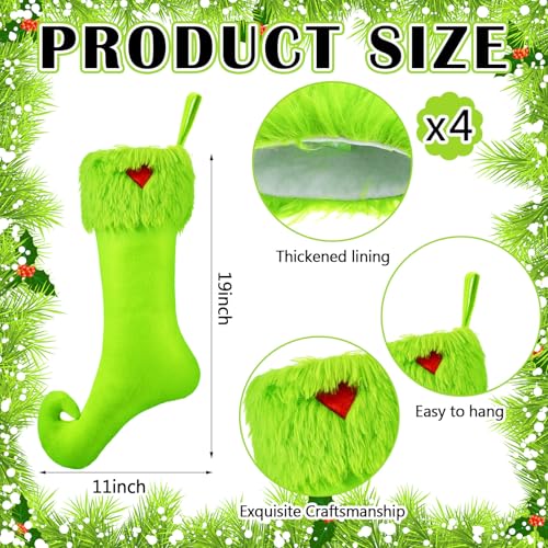 Coume 4 Pcs 19 inch Christmas Stockings Green Faux Fur Xmas Stockings Hanging Green Christmas Stockings Treat Bag Candy Pouch Holder Fireplace Hanging Decor for Xmas Holiday Family Party