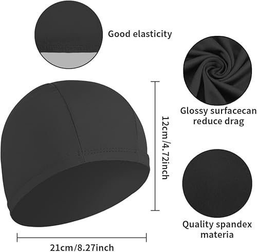 Miniatura 6 de 2 gorras de natación de tela para mujeres, hombres y niños, tela duradera, no impermeable, elástica, gorra de baño para cabello largo y corto
