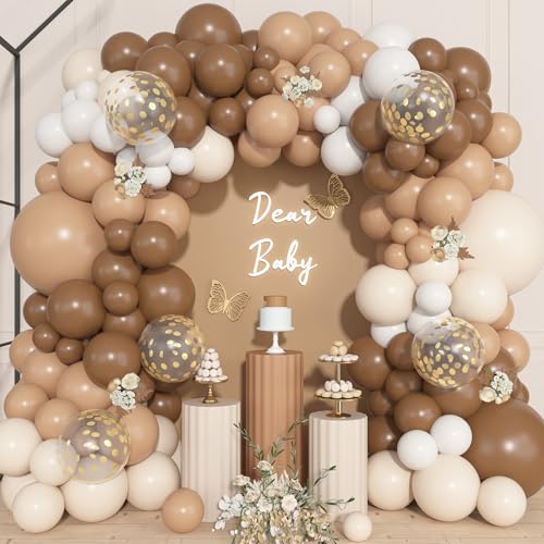Image of Ouddy Life 157 Pcs Brown Balloons Garland Arch Kit, Beige Nude Neutral White Gold Confetti Different Size Balloon for Birthday Teddy Bear Baby Shower Neutral Woodland Wild One Wedding Party Decoration
