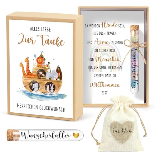 BOFUNX Taufegeschenk Geldgeschenke zur Taufe Inklusive Alles Liebe zur Taufe Karte Geschenkbox Kunststoff Reagenzglas Jutesäckchen Taufgeschenk Geld Gutschein Verpackung für Jungen Mädchen