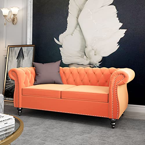 Image of ORRD Chesterfield Loveseat, Modern Velvet Sofa Tufted Couch 2 Seater with Scroll Arms and Nailhead for Living Room, Bedroom, Office, Apartment (Orange)