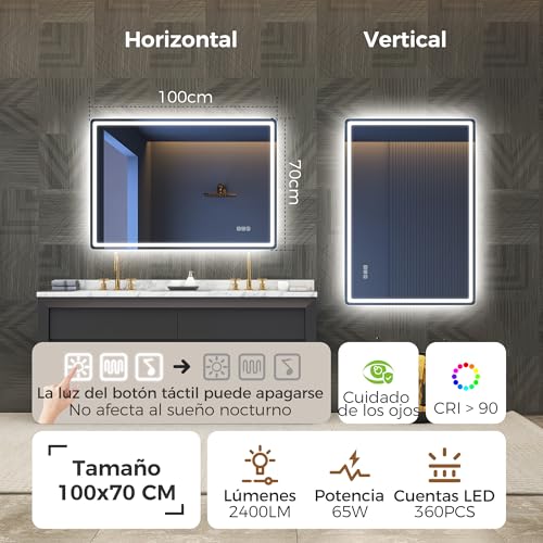 Miniatura 2 de Starlead Espejo-Baño-Con-Luz 100x70cm, Espejos-De-Baño-Con-Led Y Bluetooth, Antivaho, Regulable, 3 Temperaturas Color, Función Memoria, Ip44 Espejo-Baño-Led, Vidrio Templado, Horizontal Vertical