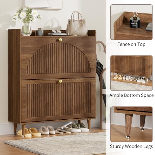 Image of Shoe Storage Cabinet with 2 Flip Drawers, Shoe Organizer Storage with Adjustable Shelves, Freestanding Hidden Slim Narrow Shoe Rack Cabinet for Entryway, Foyer, Hallway, Living Room (Walnut)