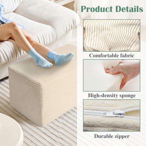 Setguopal Rectangular Pouf Ottoman, Stuffed Floor Pouf with Foam Chunk Filling, Soft Coral Fleece Furry Foot Rest Stool, Multi-Use Ottoman for Living Room, Wide Stripe Boho Decor, Beige