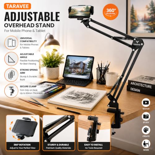 Image of Adjustable Overhead Mobile Holder Stand for Smartphones & Tablets, Metal Arm with 360 Rotation, Anti-Slip Clamp, Flexible Desk Mount for Video Recording, Live Online Classes & Video Calls