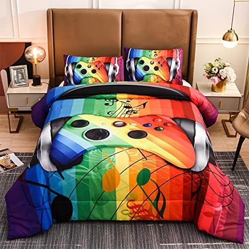 A Nice Night Gamer Gamepad Comforter for Boys Teen,Gaming Video Games Button with Controller,Vintage Music Themed Bedding Sets (Purple, Twin(68-by-88-inches))