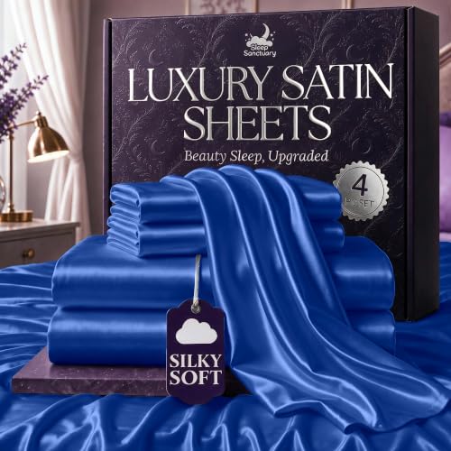 SLEEP SANCTUARY Satin Sheets Full Size – 4 Piece Luxury Silky Bed Set, Softer Than Silk, 15" Deep Pocket, Cooling & Wrinkle-Free, Moisture-Wicking & Breathable for Hair & Skin (Blue)
