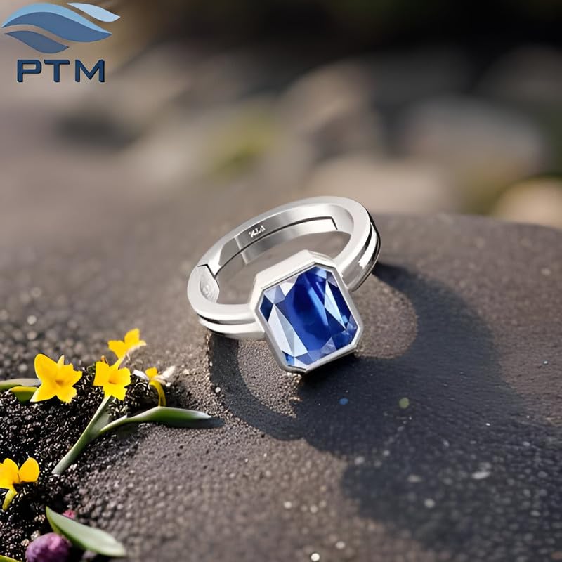 Image of PTM Natural Blue Sapphire /Neelam 3.25 Ratti to 10.25 Ratti or 3 Carat to 9.5 Carat Astrological Certified Gemstone /Square Shape Sterling Silver /bis Hallmark Adjustable Ring for Men & Women