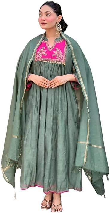 Women's Rayon Viscose Embroidered Anarkali Kurta with Pant & Dupatta