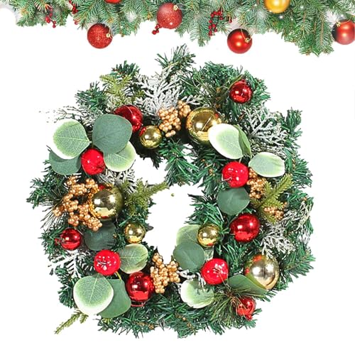 Coronas navideñas para puerta de entrada - Decoración de puerta de entrada de corona de Navidad artificial - Decoraciones navideñas con agujas de pino y frutos rojos para la pared de la ventana del po
