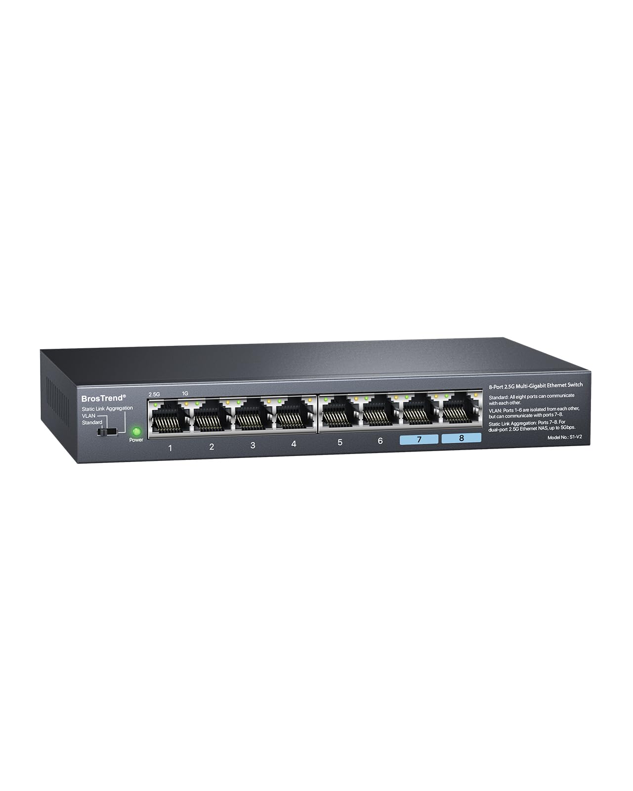 BrosTrend Switch Ethernet 2.5Gbps 8 Ports, Switch RJ45 2.5 Gigabit Unmanaged avec VLAN / Agrégation de Lien Statiques, Hub Ethernet 2,5Gb pour PC NAS, Plug & Play, sans Ventilateur, Protection à Vie