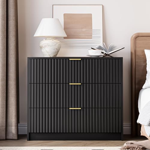 Image of MAISONARIA Black Fluted Dresser for Bedroom, 32 Inch Wide Nightstand with Large Drawer, 3 Drawer End Table for Bedroom, Living Rooms, Offices, and Entryways