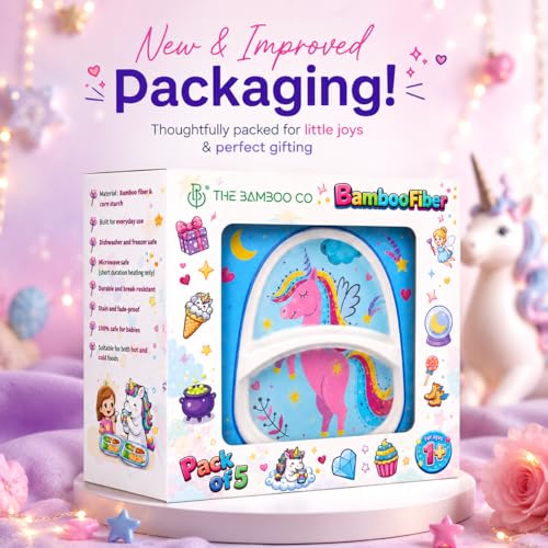 Image of Bamboo Kids Feeding Set of 5 |Made of Bamboo| Affordable Kids Crockery Set Tableware |Baby Utensils and Dishes Set | Eco-Friendly |Organic & Natural (Unicorn in The Sky)
