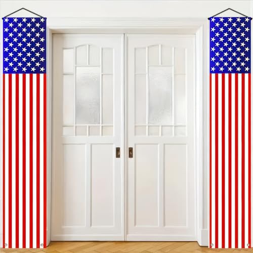 Image of BlissYard 2Pcs Patriotic Decor Door Banner USA Independence American Flag Banners Hanging Porch Signs for Memorial Day Veterans Day Labor Days 4th of July Decorations for Yard Indoor Outdoor Supplies