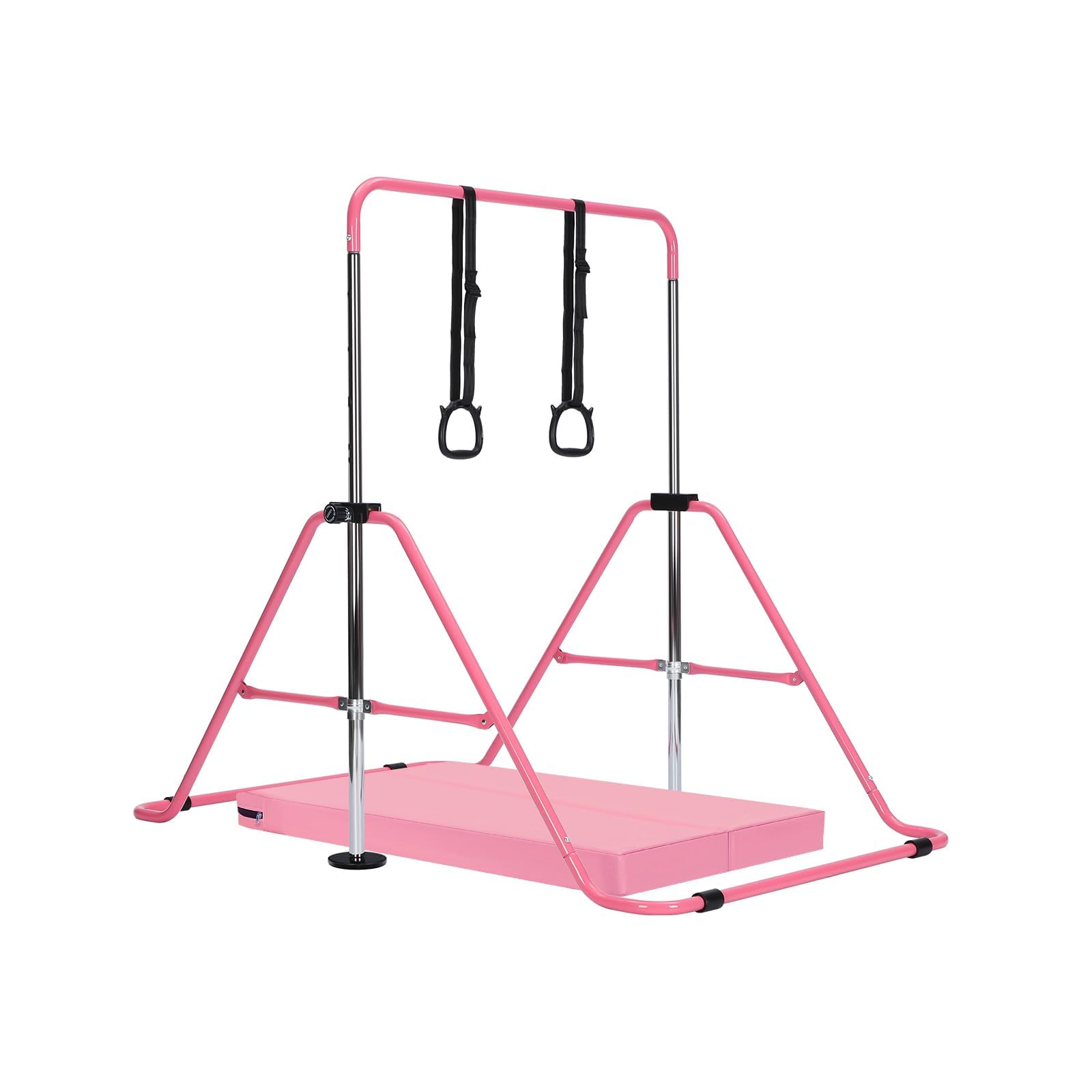 Gymnastics Bar with Mat, Adjustable Kids Gymnastics Equipment for Home, Training Kip Bar with Non-Slip Base, 5 Height Levels 31.5-51.2", Gym Bars for Children, Easy Assembly Design (With Mat, Pink)