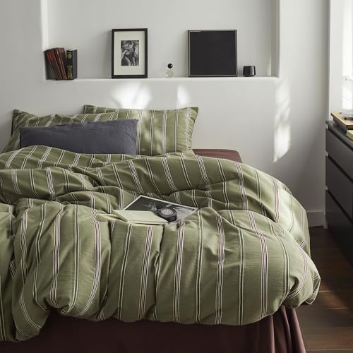Image of mixinni Vintage Striped Duvet Cover Set Queen - 100% Cotton Reversible Jacquard Bedding Set, Retro Olive Green & Terracotta Comforter Cover, Soft Breathable 3-Piece(1 Duvet Cover+2 Pillowcases)