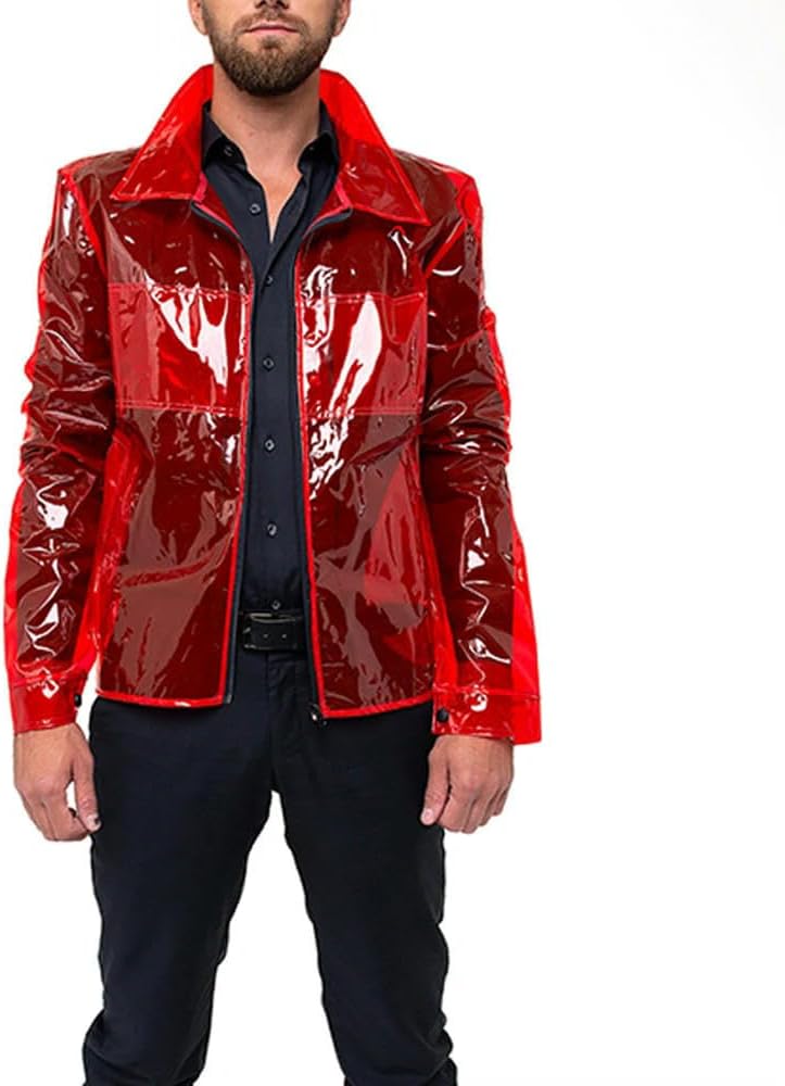 Men's PVC Punk Long Sleeve Zipper Turn Down Collar Clear Coat Jacket For Club Show Outdoor Use