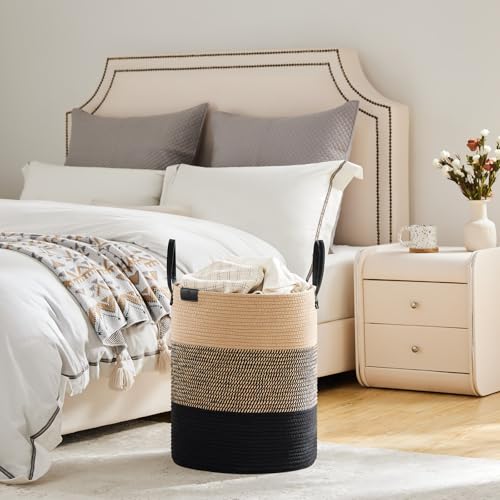 Image of VIPOSCO 53L Tall Woven Rope Laundry Hamper, Leather Handles, Brown & Black | Large Wicker Laundry Basket for Dirty Clothes, Blanket, Toy, Towel, Yoga Mat, Storage Bin in Bedroom, Bathroom, Living Room