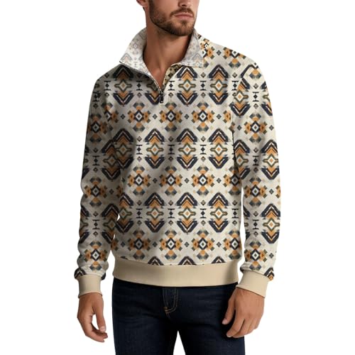 Quarter Zip Pullover for Men 2025 Trendy Aztec Print Western Sweatshirts Lightweight Mock Neck Polo Shirts