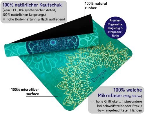 Foto von DIVASYA Premium nachhaltige Yogamatte rutschfest: Naturkautschuk rutschfest & saugstarke Mikrofaser-Oberfläche, extra-breit, extra-dick (183x68x0,5cm), Tragegurt & Strap, Yoga Matte schadstofffrei