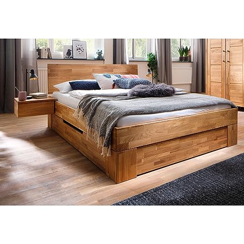 Lomadox 200x200 cm Schlafzimmer Massivholz Bettgestell Einzelbett Bett Schlafzimmerbett inkl. Schwebe-Nachttische und Bettschubkästen in Wildeiche massiv, B/H/T: ca. 292/88/213 cm