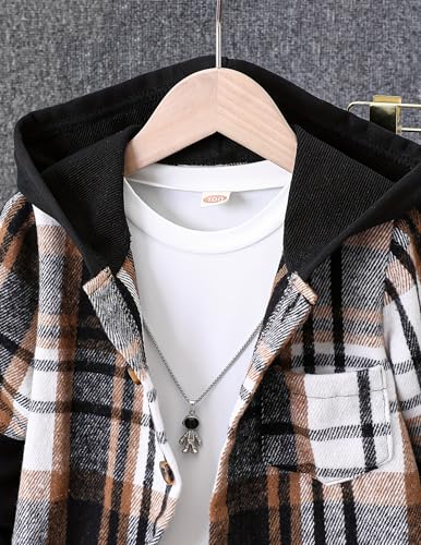 Fdqin 2Pcs Kids Boys Flannel Plaid Shirt Tops Pants Set Hoodie Sweatsuit for Fall Winter Spring Outfits Black 9-10Year