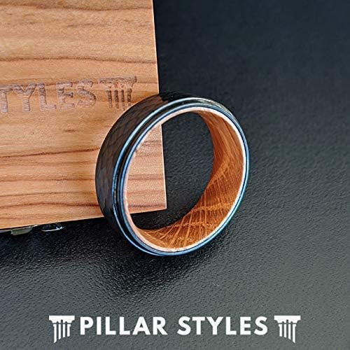 Hammered Whiskey Barrel Ring Tungsten Wedding Band Whiskey Wood Rings for Men Bourbon Barrel Wooden Ring Black Mens Ring