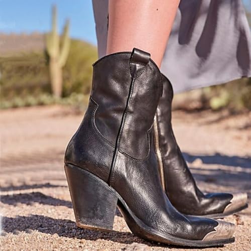 keleimusi Women's Western Cowgirl Ankle Boots Stacked Block Heel Cowboy Booties Steel Toe Heeled Short Cowboy Boots Side Zipper Western Booties for Women2
