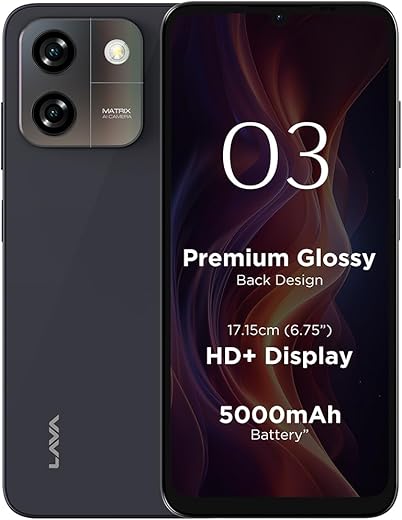 Lava O3 (Glossy Black, 4 GB RAM, 64 GB Storage) | Biggest 6.75″ HD+ Display | 13MP AI Dual Rear Camera | 5000 mAh Battery | Secure Face Unlock |…