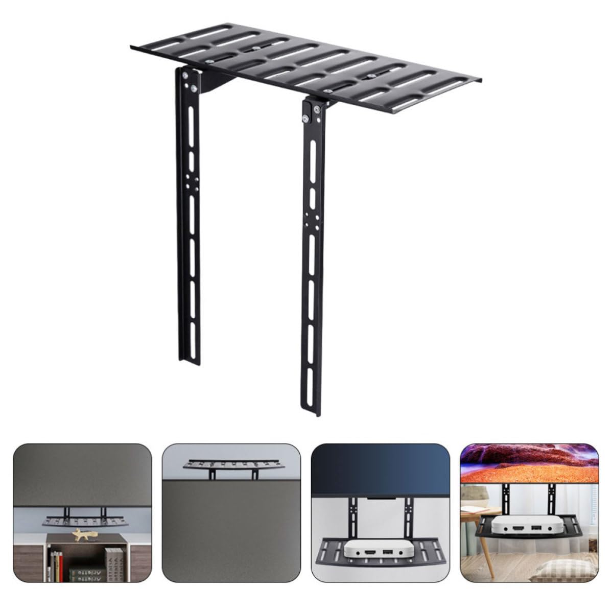 Estante de pared negro para TV y enrutador, acero laminado en frío, soporte sin perforaciones para espacios pequeños