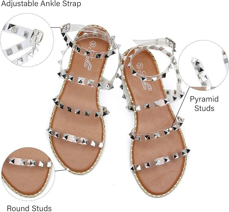 katliu Women's Flat Sandals Strappy Studded Sandals Gladiator Sandals with Ankle Strap Clear 8 - Image 5