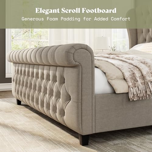 Image of AMERLIFE Queen Size Platform Bed Frame, Linen Upholstered Sleigh Bed with Scroll Wingback Headboard & Footboard /Button Tufted /No Box Spring Required /Khaki
