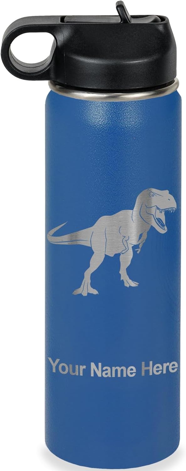 LaserGram Personalized Water Bottle, Tyrannosaurus Rex Dinosaur, Stainless Steel Double Wall Vacuum Insulated with Flip Top Straw, Custom Engraved Gift (20oz / 590ml Dark Blue)