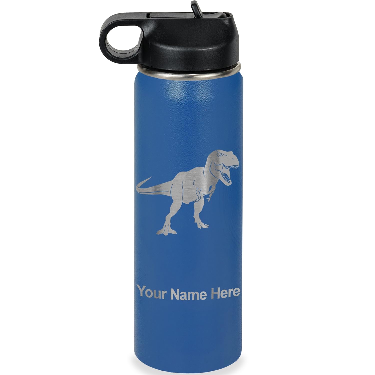 LaserGram Personalized Water Bottle, Tyrannosaurus Rex Dinosaur, Stainless Steel Double Wall Vacuum Insulated with Flip Top Straw, Custom Engraved