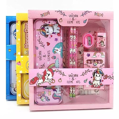 Image of Stationery Set School Supplies Gift Set Kit with 1 Pencil Box Case 2 Pencils 6 Crayon Colors 2 Space Gel Pen 1 Ruler Scale Eraser Sharpener Kit(Unicorn)
