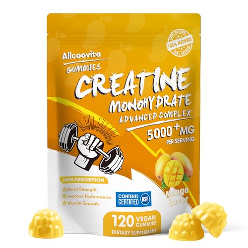 Image of Allcoovita Creatine Monohydrate Gummies 5g for Men & Women. Boost Focus,Strength, and Endurance, Anti-Melting Formula, Vegan, Gluten-Free, Non-GMO,(Mango 120 ct)