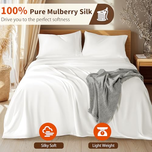 LBRO2M 100% Mulberry Silk Satin Sheets Set Queen Size Silk Fitted Sheet16 Deep Pocket Cool Bedding Sheet 4 Piece Wrinkle Resistant (Queen, White) - Image 4