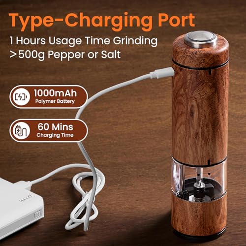 Electric Salt and Pepper Grinder Set Rechargeable – Automatic Salt and Pepper Shakers with Adjustable Coarseness, LED Light, One-Hand Operation Salt and Pepper Shakers Set (Wood Grain) - Image 2