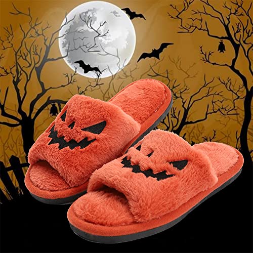 TITTOK Spooky Slides Halloween Slippers Jack O Lantern Pumpkin Soft Plush Cozy Open Toe Indoor Outdoor Fuzzy Slippers Gifts For Girls Women Girlfriend Men - Image 3
