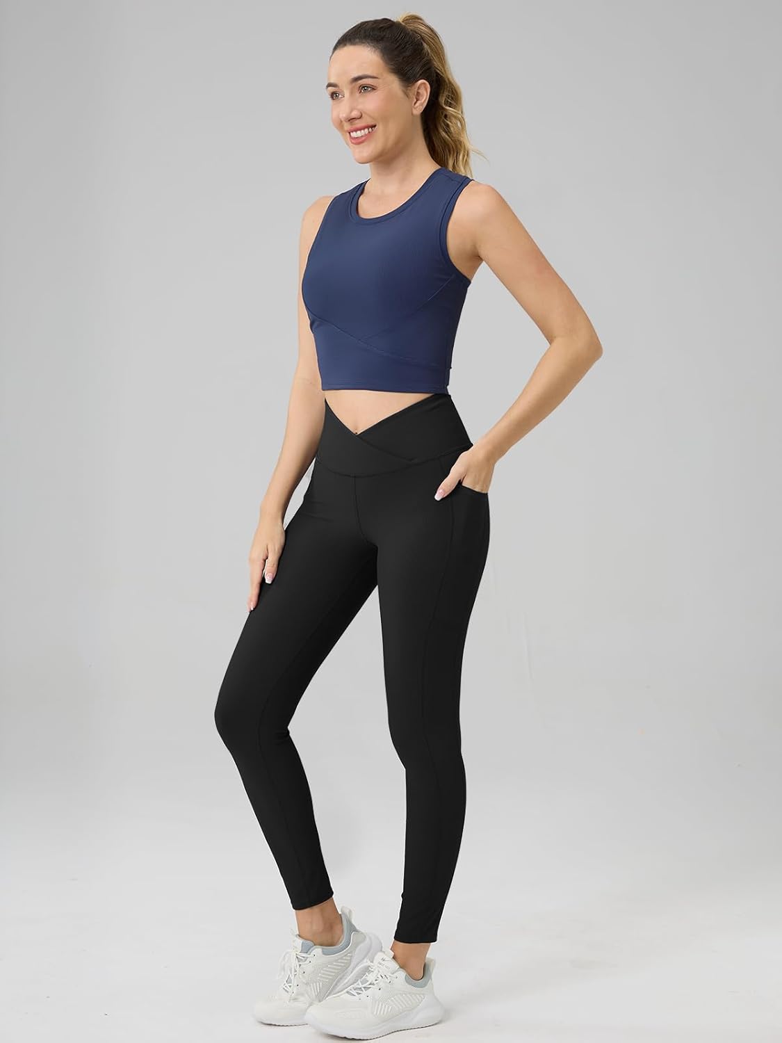 AARYA Women's Ribbed Leggings with Pockets, Cross Front High Waist Compression Workout Yoga Pants Gym Clothes, 25 inch - Image 3